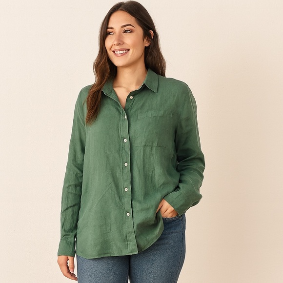 GAP Tops - GAP 100% Linen Green Long Sleeve Button-Up Shirt Women’s Size L